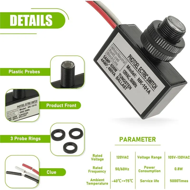 ABZC AC Photocell Light Sensor 1Pc, 105V-130V Dusk to Dawn Switch with Nuts Washer, Daylight Control for Outdoor Lighting