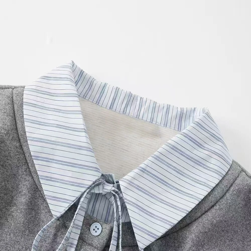 Kimotimo Women Fake Two Piece Long Sleeve Shirt Stripe Patchwork Lapel Bow Tie Button Up Tops Autumn Sweet Y2k Slim Fit Blouse