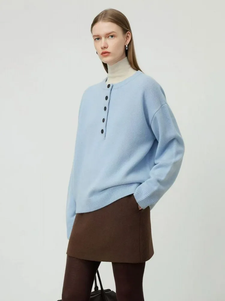 Nouveau Designer femmes 100% laine pull haut col rond boutons coupe ample pull pulls tricoté décontracté Streetwear pull à manches longues