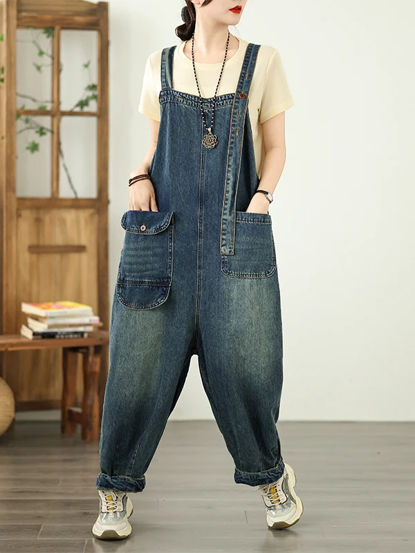 

Женские повседневные джинсовые комбинезоны с высокой талией, весенне-осенние универсальные свободные брюки большого размера из девяти предметов, шаровары