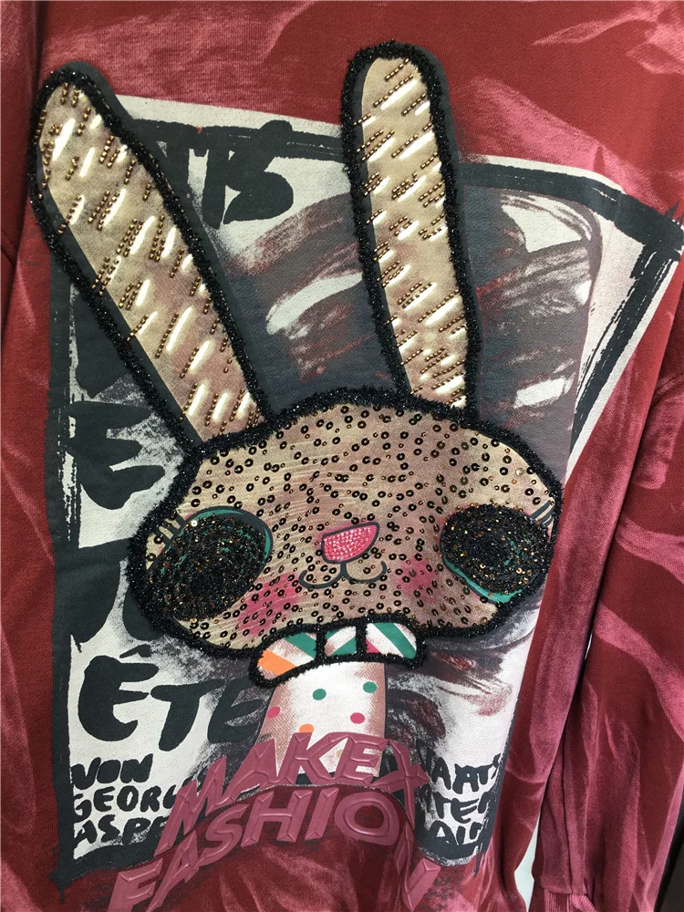 2024 New Autumn Winter Mid-long Women Sweatshirt Cute Bunny Sequin All-match Loose O-neck Pullover Top Casual Long Sleeve Hoodie