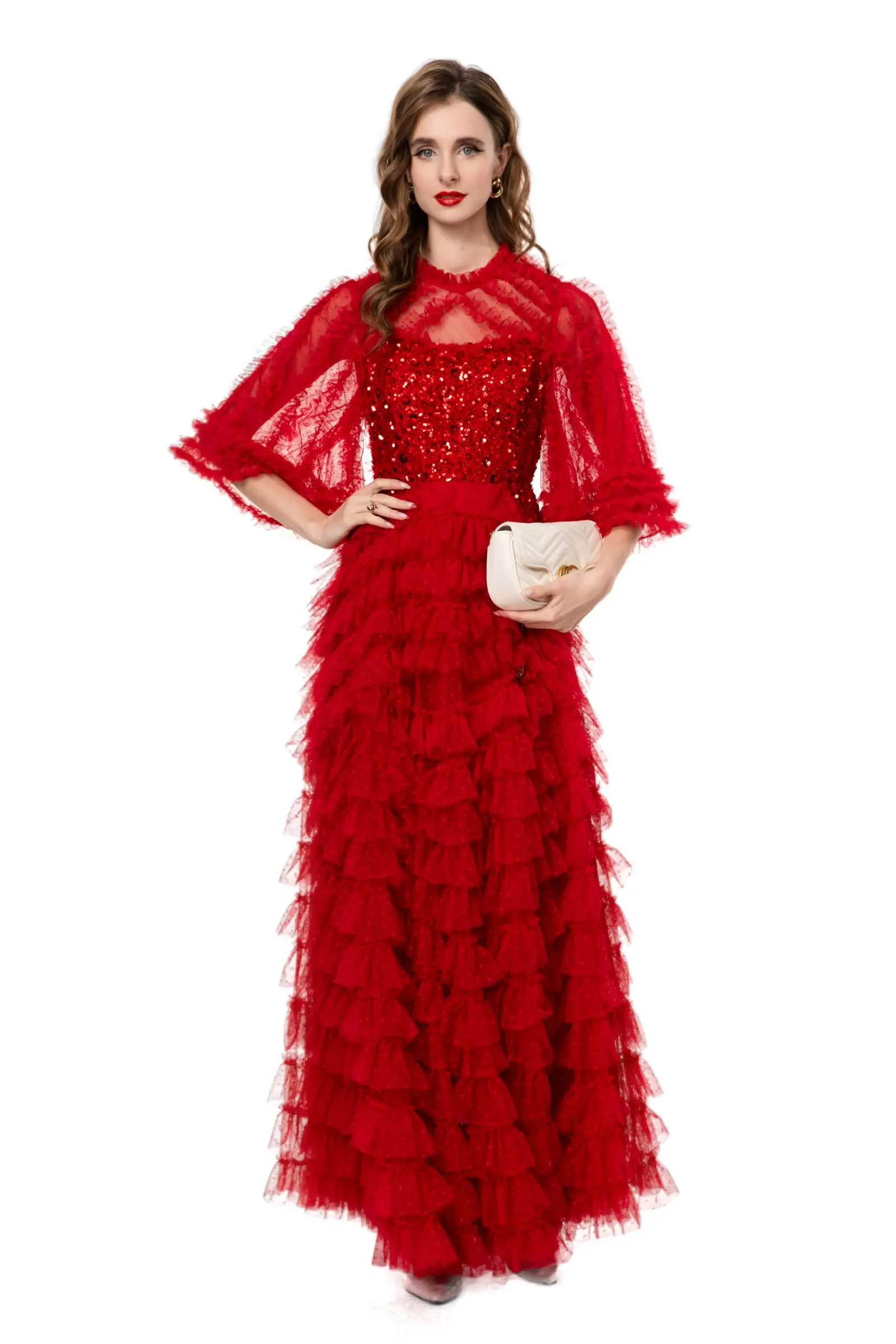 Meyyithun vestido feminino lantejoulas malha frisada gola redonda maxi vestido com meia manga babados em camadas estilo vintage moda verão