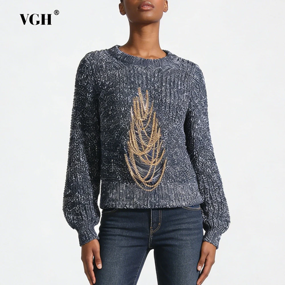 

VGH Design Sense Trend Loose Knitted Sweaters For Women Round Neck Long Sleeve Spliced Metal Autumn Casual Sweater Female New