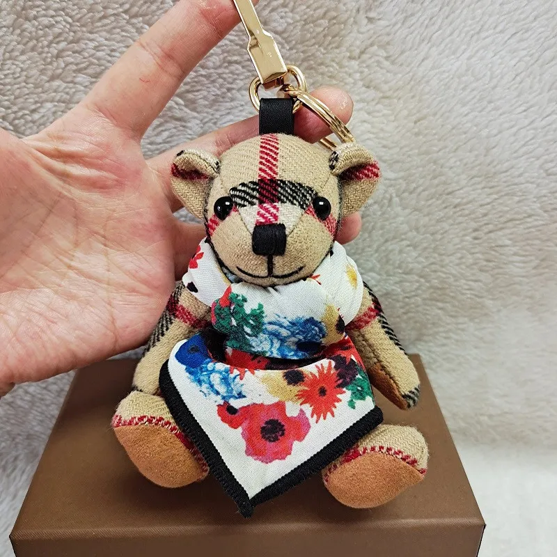 

New Soft Plush Teddy Bear Keychain Car Hanging Ornament Handmade Creative Checkered Design for Women Bag Decor