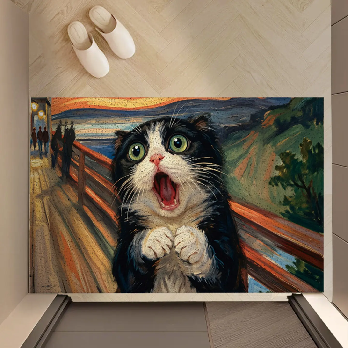 Funny Screaming Cat PVC Coir Doormat Non‑Slip Dust Removal Entrance Door Mat,Waterproof Wear‑Resistant Welcome Rug Home Decor