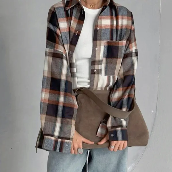 Y2K nieuwe herfst winter vintage shirt zak losse revers lange mouwen dames geruite shirt vrouwelijke mode casual streetwear blouse