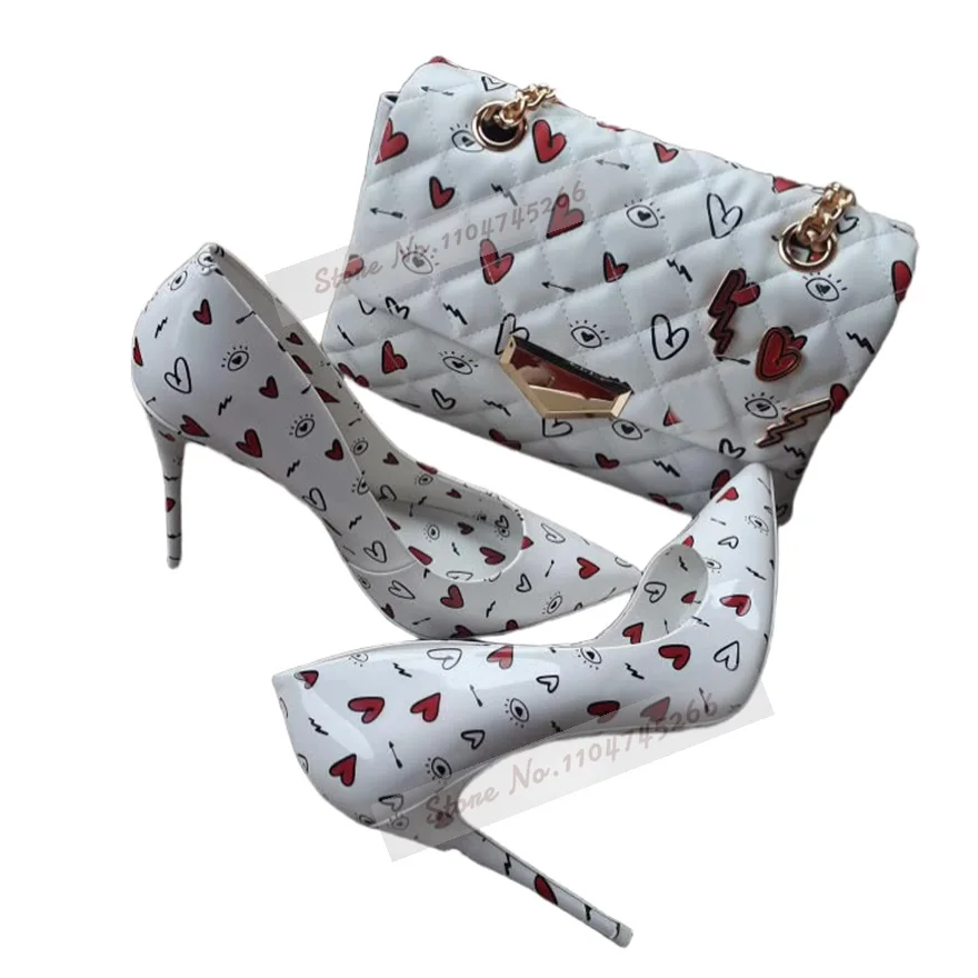 Women Red Heart Printed High Heel Shoes White Mirror Leather Cute Geometric Pattern Dress Pumps Shallow Slip-On Footwear 12cm