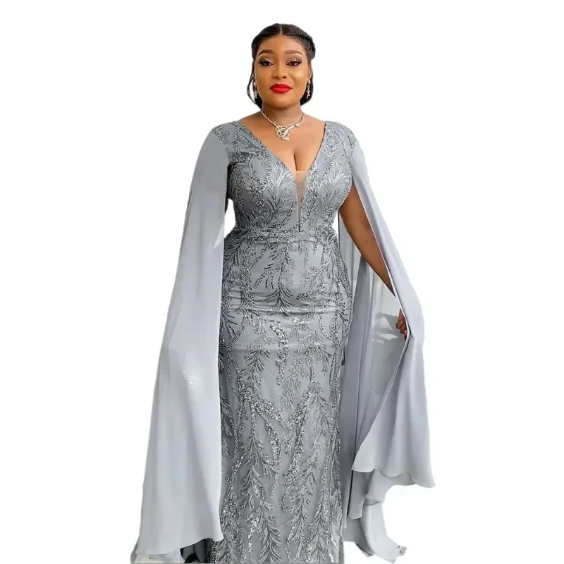 African Party Wedding Dresses for Women Summer Elegant V-neck Polyester Sequin Long Maxi Dress Dashiki African Clothes Women