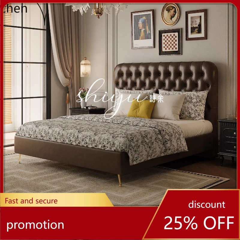 

HXL Solid Wood Frame Oil Wax Leather Bed Backrest Soft Pack Bed