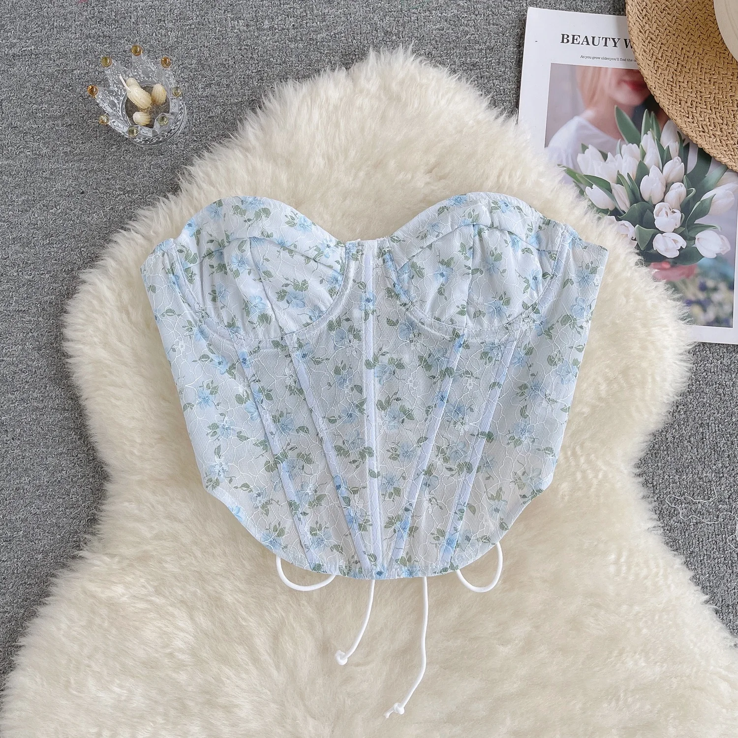 Sexy Lace Floral Mesh See-through Crop Top Women's Strapless Slim Fit Short Sleeveless Fishbone Design Vest Summer Fashion
