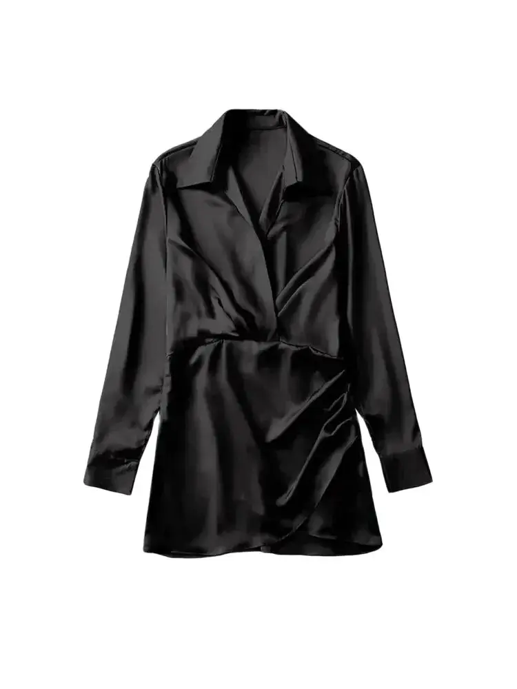 Women Fashion With Gathered Satin Mini Dress Vintage V Neck Long Sleeve Female Dresses Vestidos Mujer