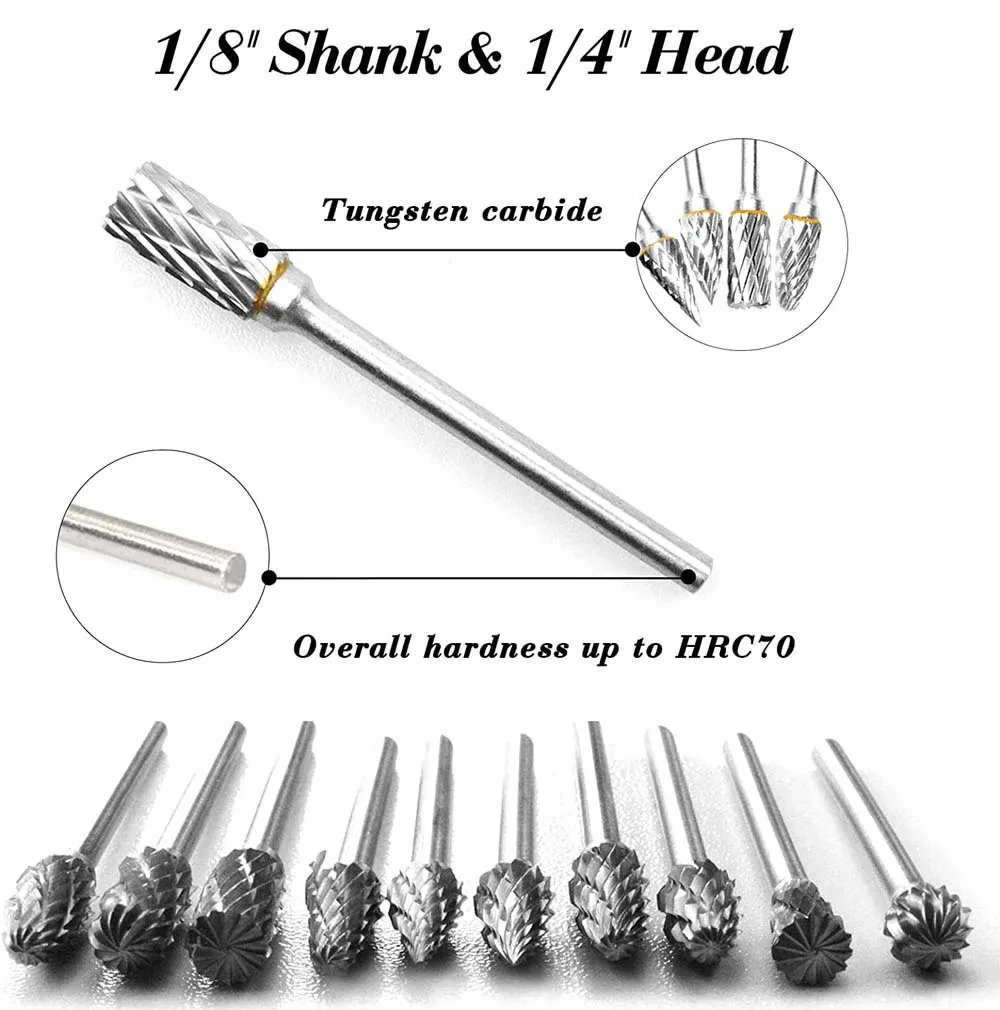 10pcs Tungsten Carbide Steel Milling Cutter Rotary File Woodworking Grinding Carvin Milling Cutter Head Drill Bit Burr Set