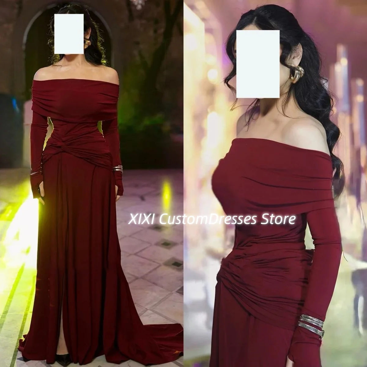 Luxury Evening Dresses Off-The-Shoulder Neckline Customized Ruffle Floor-Length Formal Occasion Dresses Zipper Up Long Sleeves