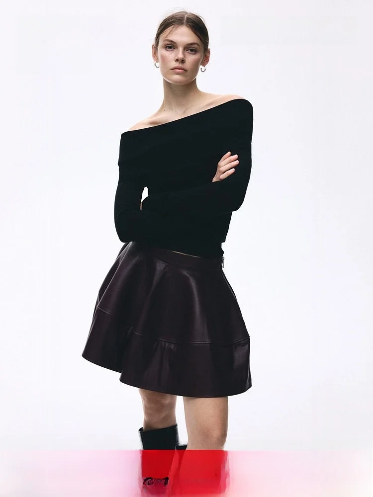 

H&M Summer Women's Painted Fabric Half Skirt Casual Style A-Line High Waist PU Material Ladies' Skirt 1318262