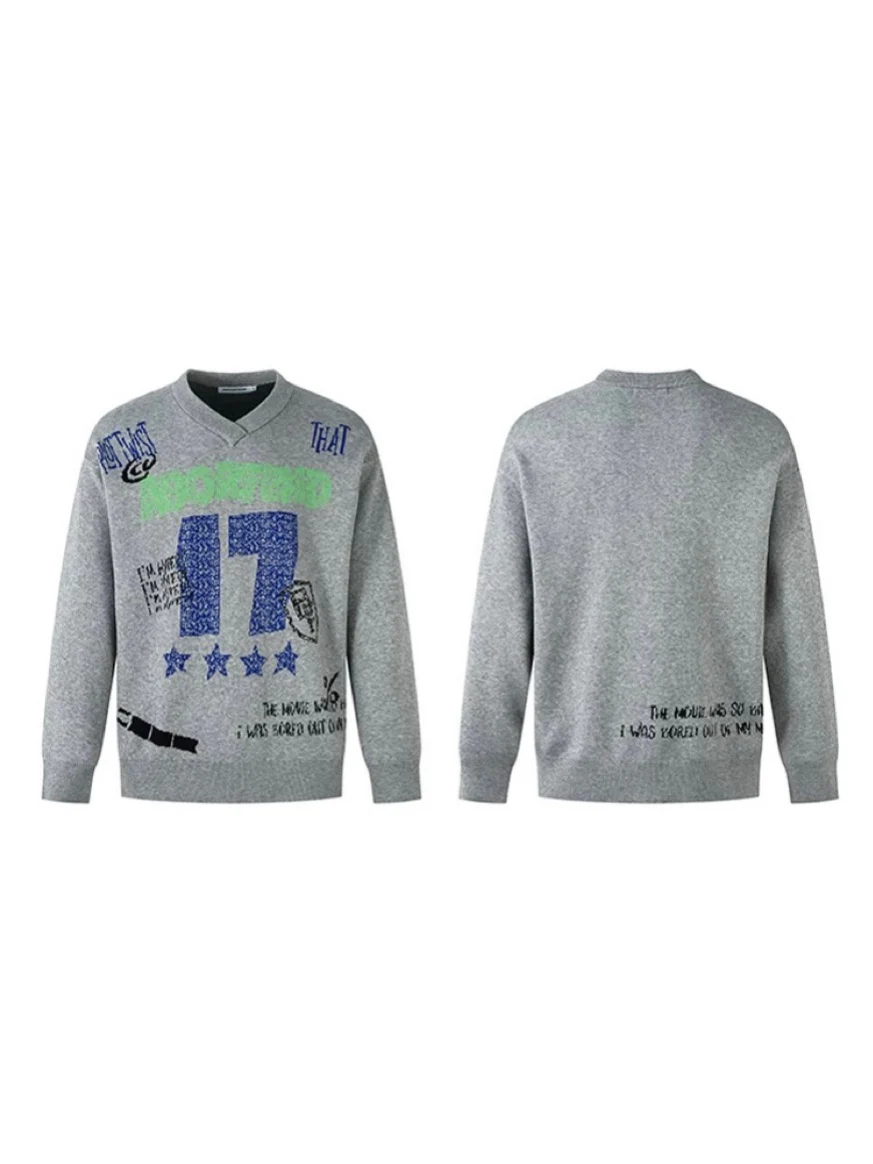 

Retro American Letter Print V-Ne Sweater Men's Loose Casual Knitted Outerwear Faionable Autumn Winter New Arrival