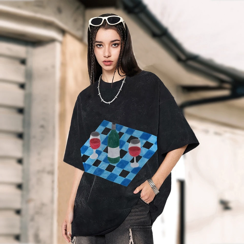 

Graphic Tee Picnic Wine Oversize Tee Premium Cotton High-Quality Oversize Washed Tee Picnic Checkerboard, Retro Y2K Style