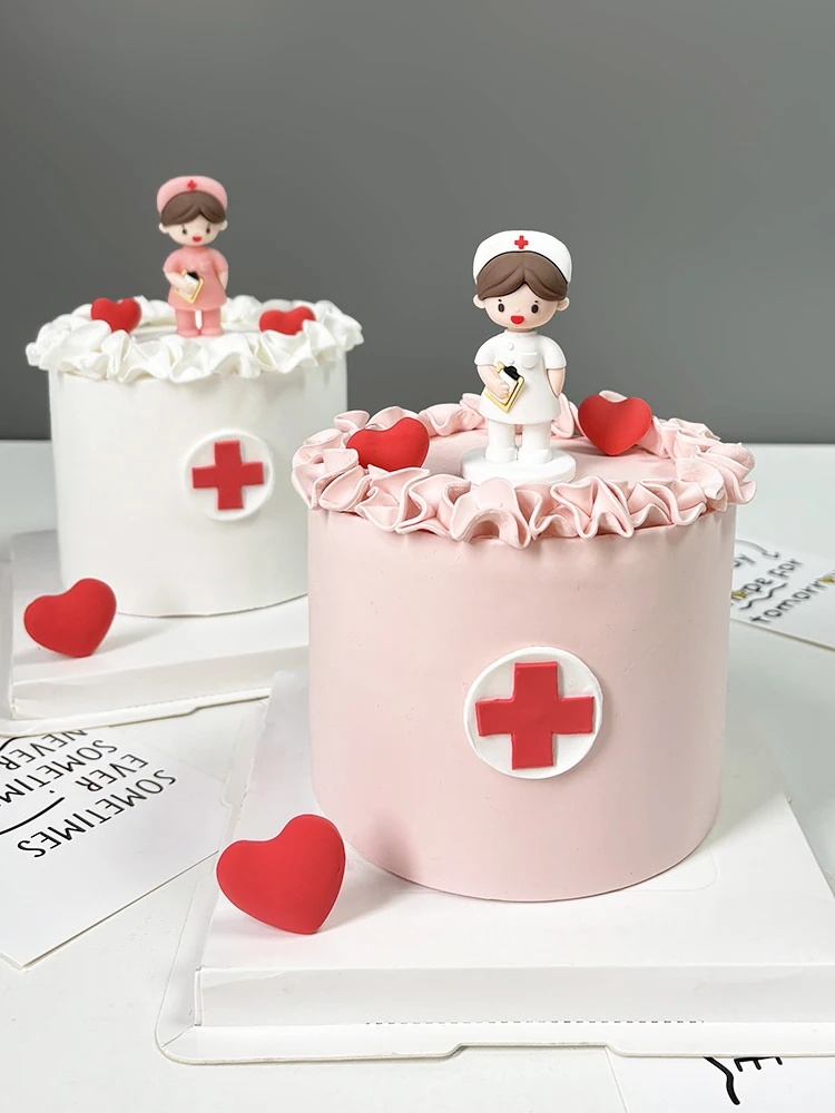 Nurse's Day Baking Cake Topper Decoration Happy Girl Birthday Ornament Soft Glue 3D Female Nurse in White Angel Insert Card 512