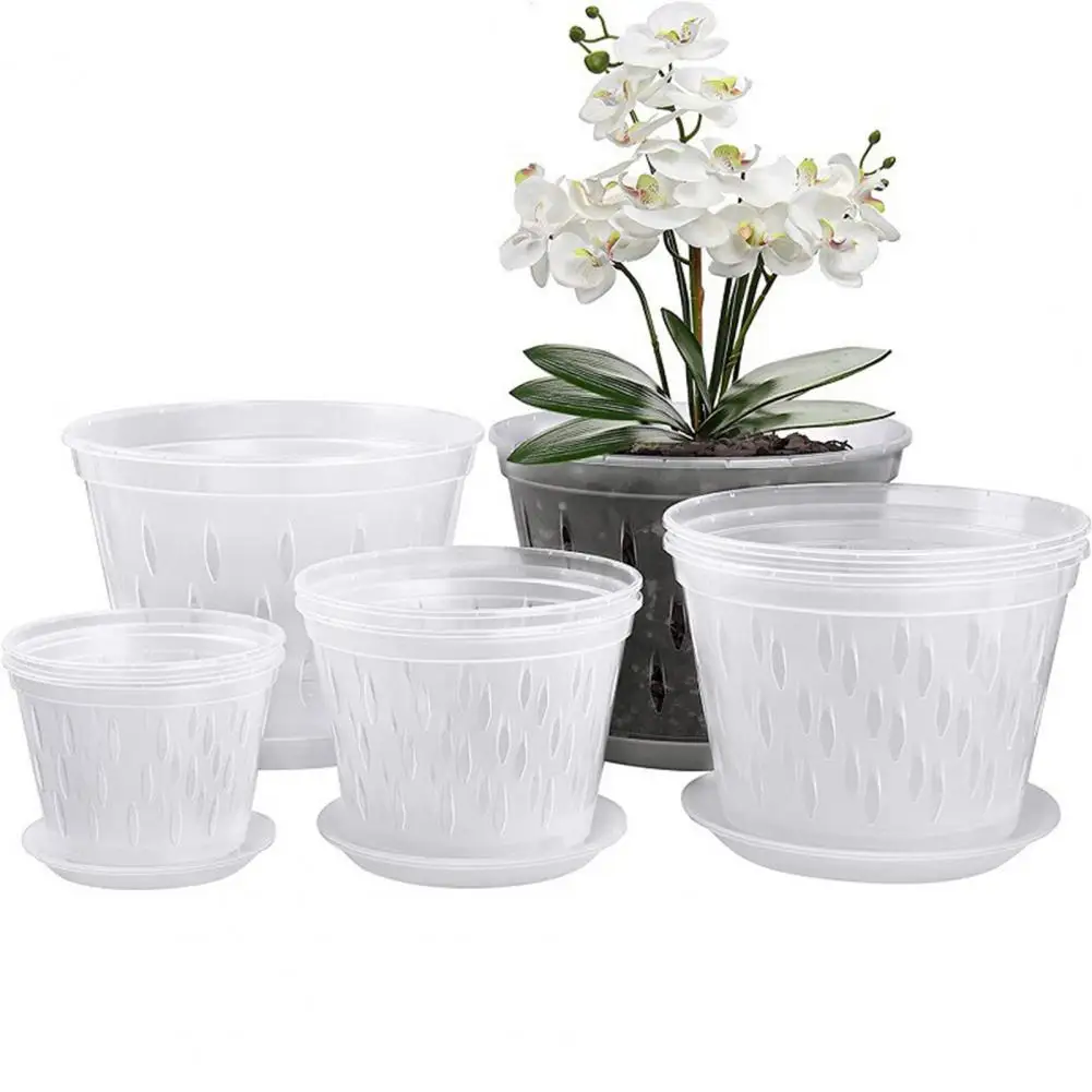 2Pcs Transparent Orchid Pots Flower Planters Side Holes Design Plastic Orchid Pots With Trays Perforated Orchid Growth Flowerpot