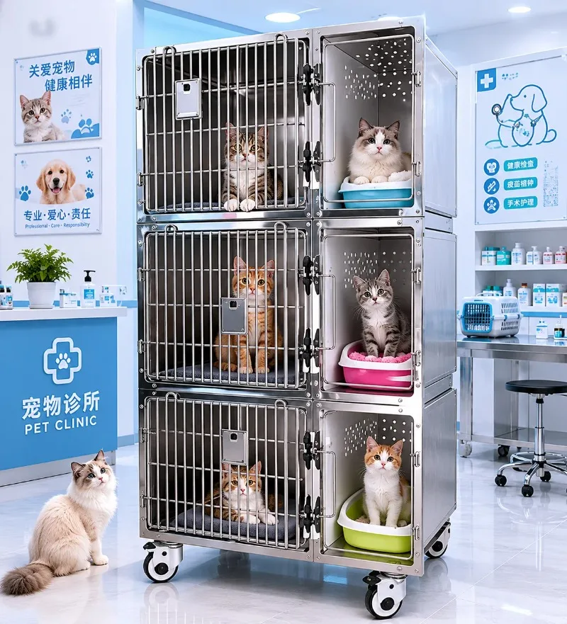 304 Stainless Steel Veterinary Cage Animal Recovery Cage Removable Tray Easy Cleaning Pet Hospital Dog Cat Cage