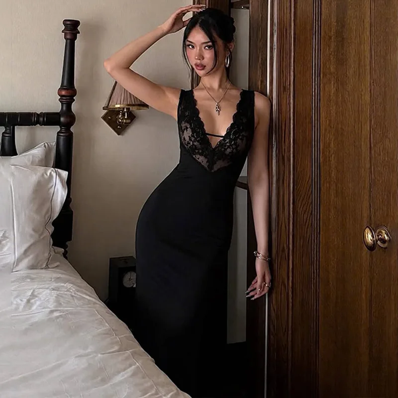Autumn. Women's Erotogenic Lace Deep V-neck Long Clothes, Smart Fit, Lace-up Backless, Elegant Clothes Robe Y2k、 Vestidos