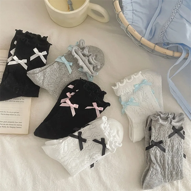 Women's Summer Spring Cotton Socks Thin Solid Ballet Lace Socks Color Bow Pile Socks Sweet Style Mesh Breathable Stocking Gift