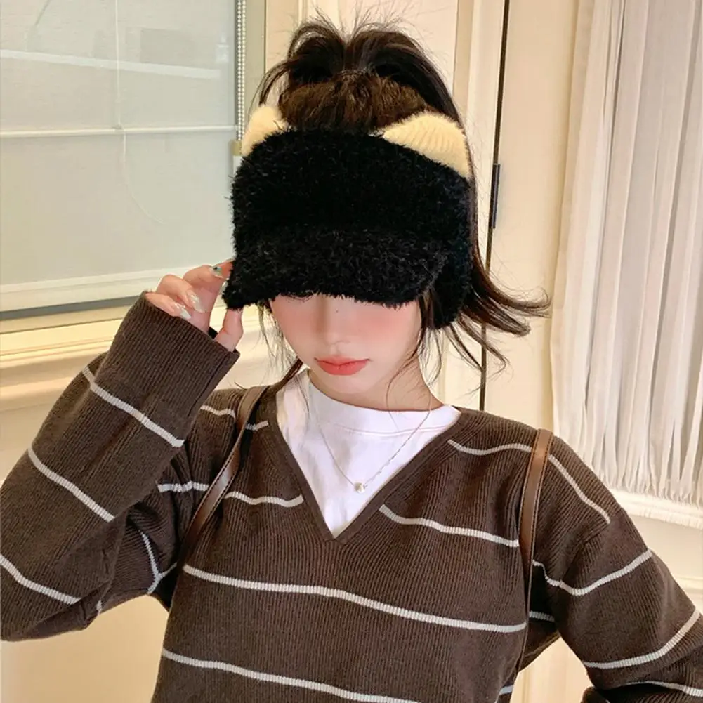Fashionable Color Blocking Hat Winter Visor Cap with Ear Flaps Plush Hat with Brim Open Top Ponytail Winter Hat Cute for Women