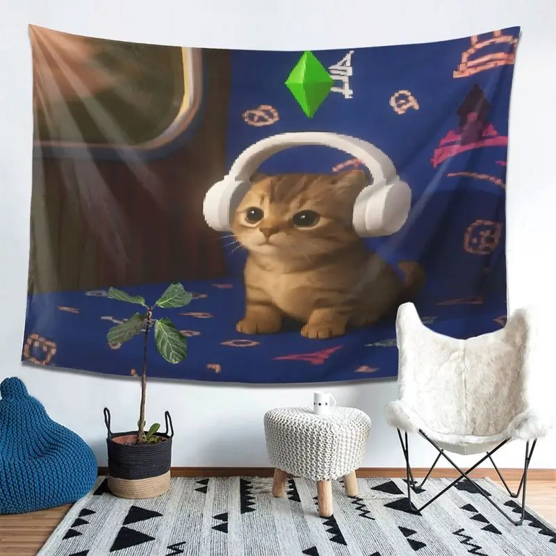VIKAMA Pixel Style Cat Tapestry Cute Kitten with Headphones Wall Hanging Gaming Room Aesthetic Decor