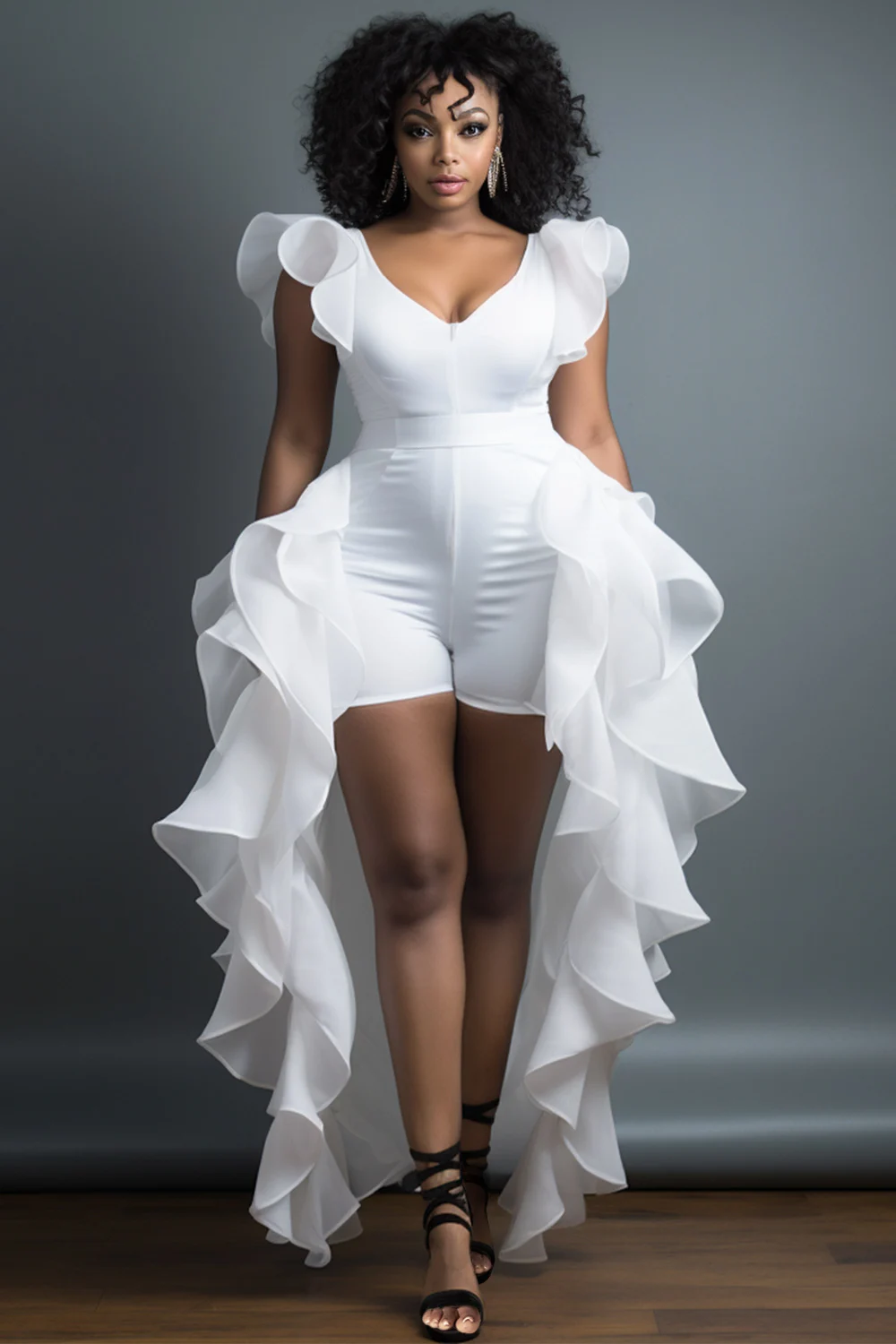

Plus Size Daily White Elegant V Neck Short Sleeve With Skirt Overlay Contrast Rompers