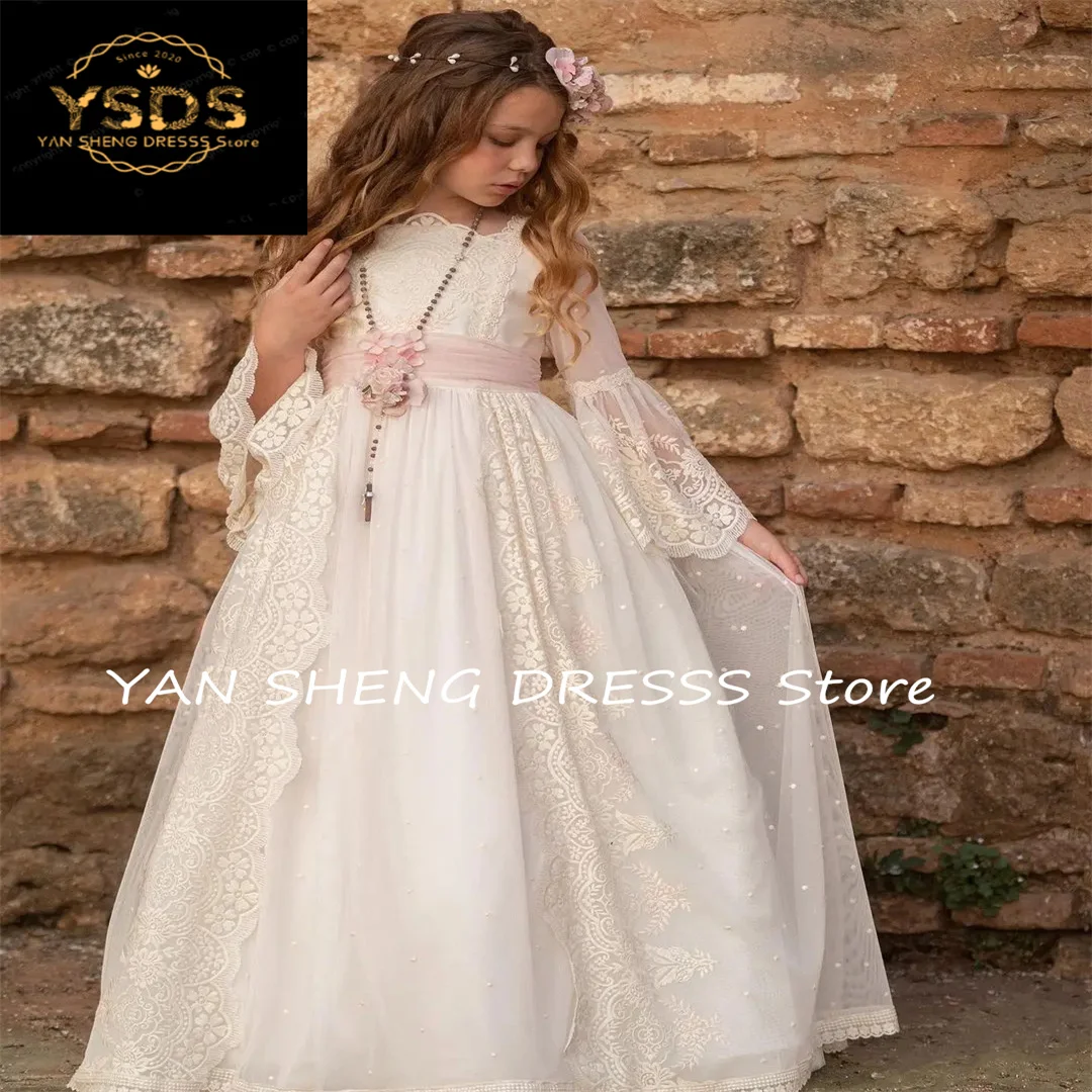 Pink Vestidod comunión Dress for Kid Half Sleeves and a Long Skirt Pink Flowers Embroidery On the Bodice Top Gown