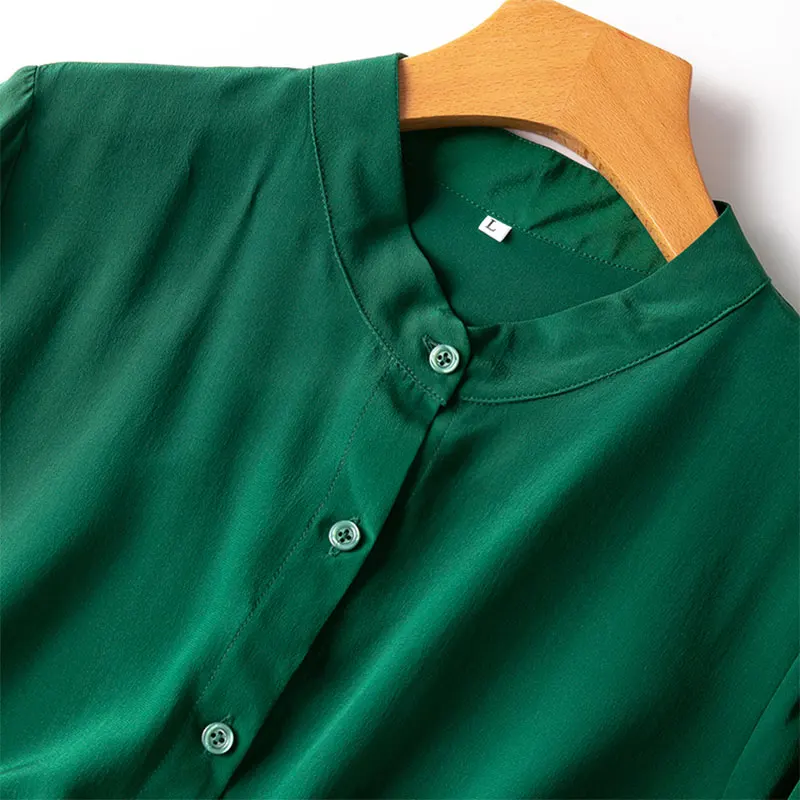 Women Silk Shirt 100% Mulberry Silk Green Solid Color Buttons Down Long Sleeve Fashion Top Blouse Office Work M L XL MM717