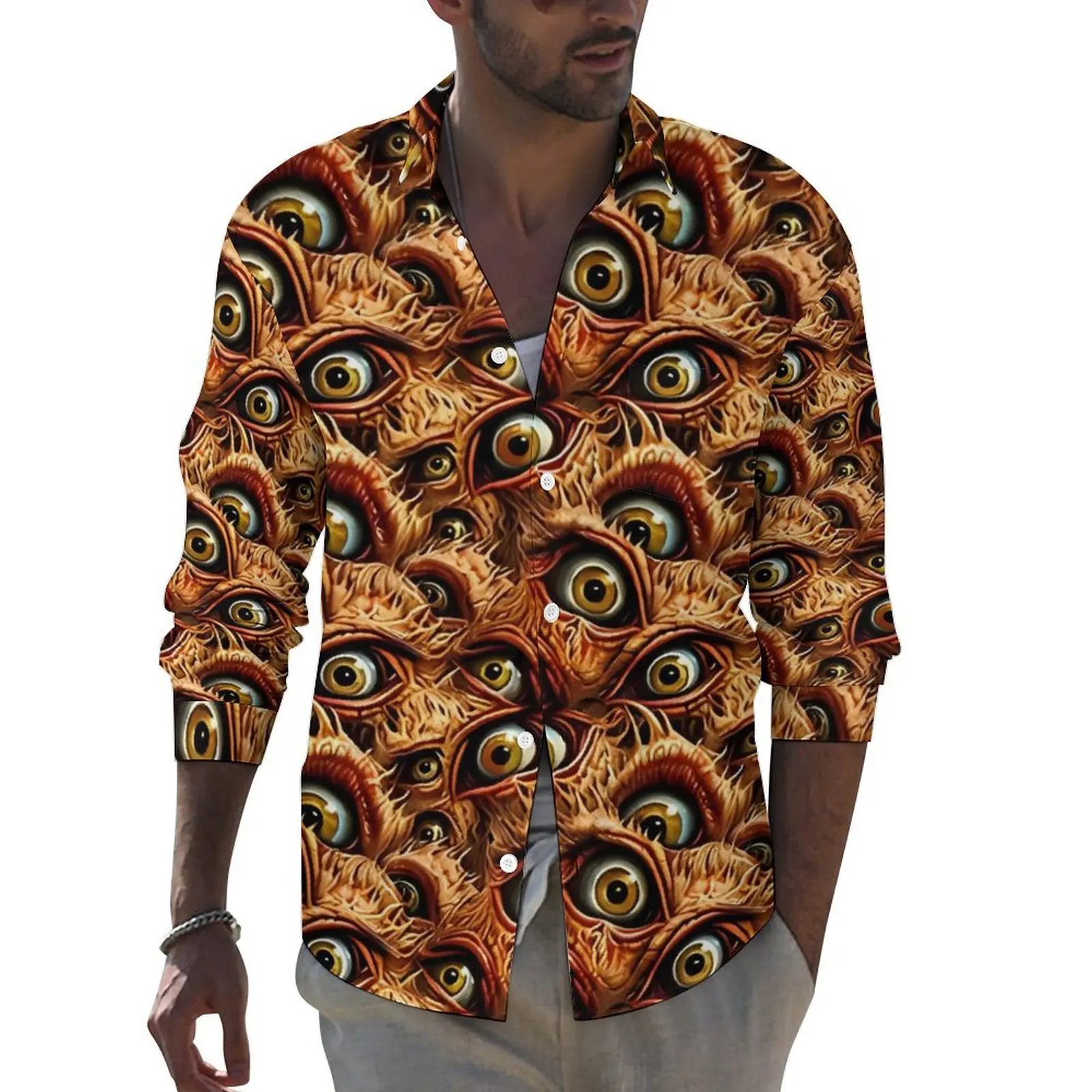 

Evil Eye Aesthetic Casual Shirt Man Abstract Print Shirt Spring Vintage Blouses Long Sleeve Custom Oversized Clothing