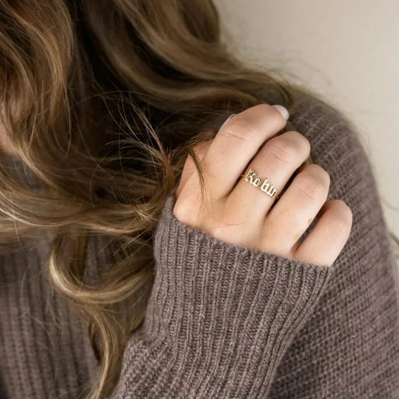 

Custom Gold Gothic Ring Women Personalized Old English Name Ring Stackable Stainless Steel Dating Rings Cute Mother's Day Gift