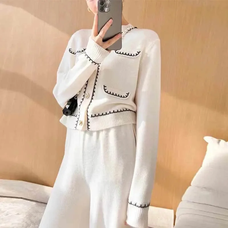 Korean Elegant Knitted Two Piece Pant Sets Women New Autumn Winter Long Sleeve Cardigan Wide Leg Pants Fashion Stylish Pant Sets