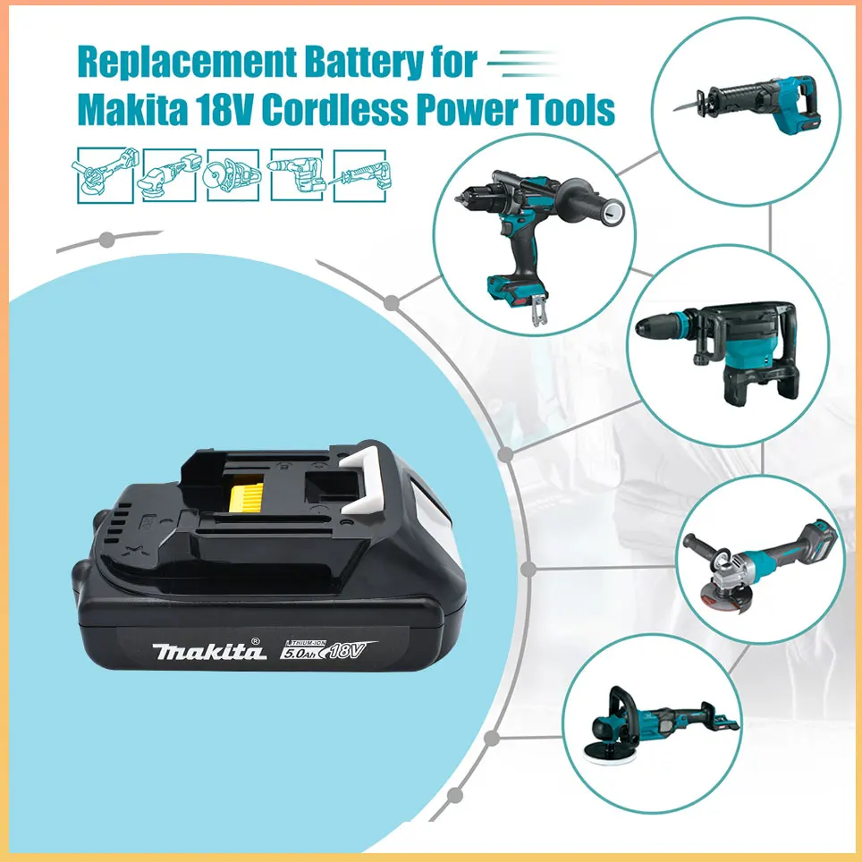 original Makita Rechargeable 18V 5.0Ah Li-Ion Battery BL1830 BL1860 BL1840 BL1815 194205-3 Replacement Power Tools Battery