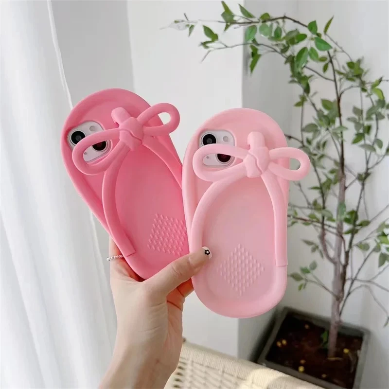 Pink girl bow slippers suitable for iPhone 15, 14, 12, 13 Pro Max 11, cute unique creative button sensitive soft silicone cover