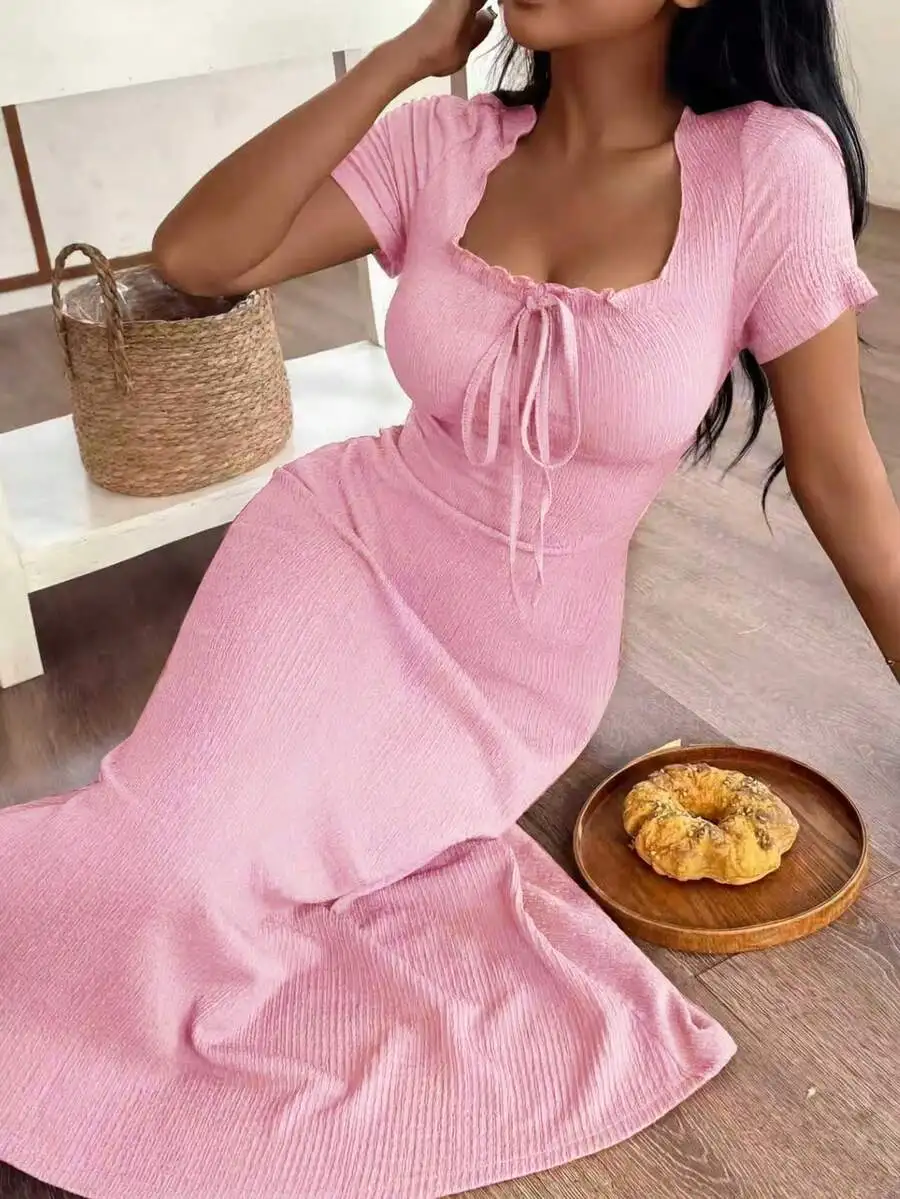 

Pink Square Neck Short Sleeve Dress With Knot Detail Summer Casual Lounge Dress