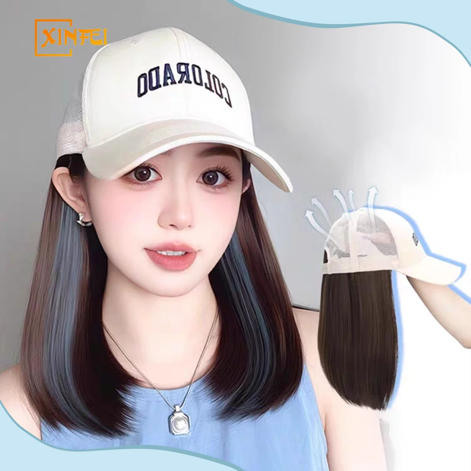 Synthetic 12inch Fisherman Hat Wig White Hat Wigs Cap With Hair Naturally Connect Short Hair Baseball Cap Adjustable Breathable