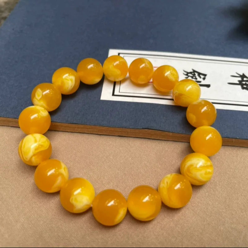 round bead honey , chicken oil yellow, Russian white flower amber bracelet, single strand, unisex, 12mm-30mm