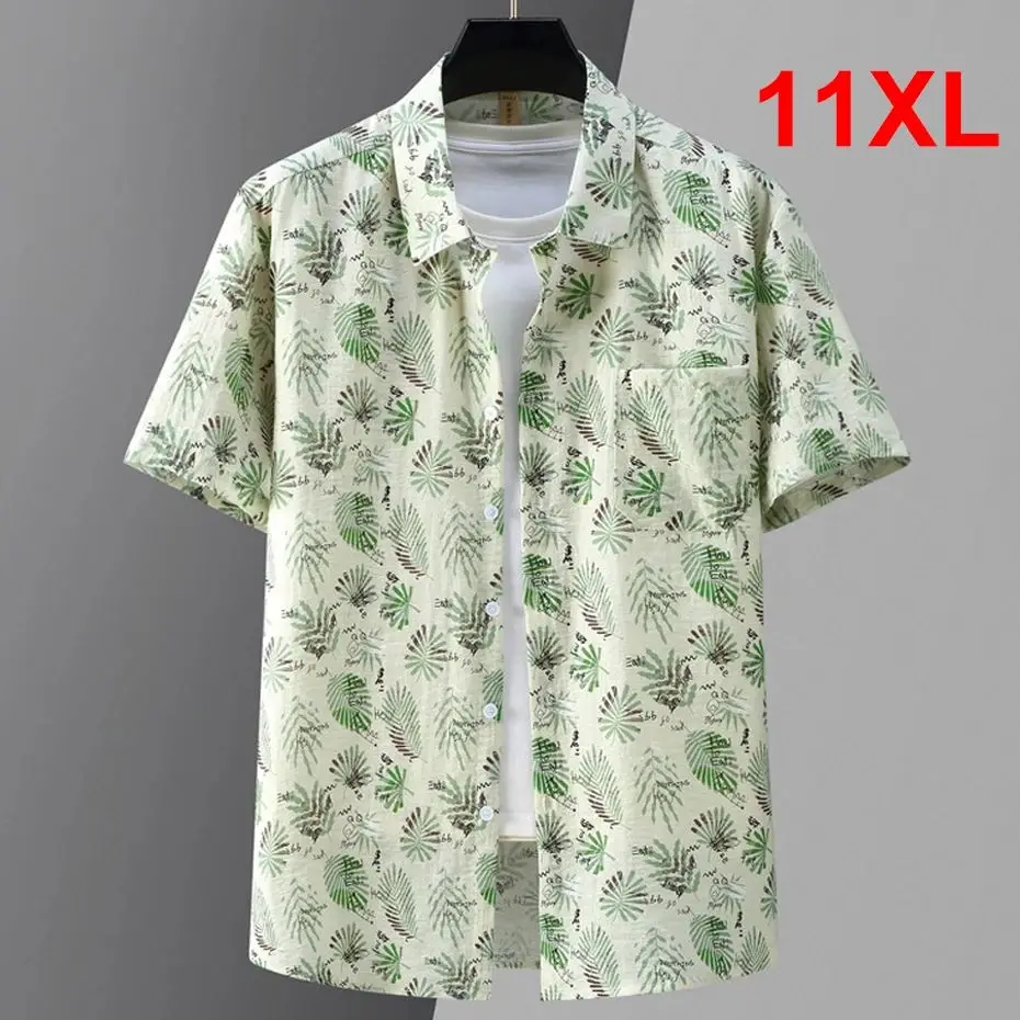 plus Size 10XL 11XL Summer Hawaiian Shirt Men Linen Shirts F Autumn Thickened Fleece  Collar Nine Points Sleeve