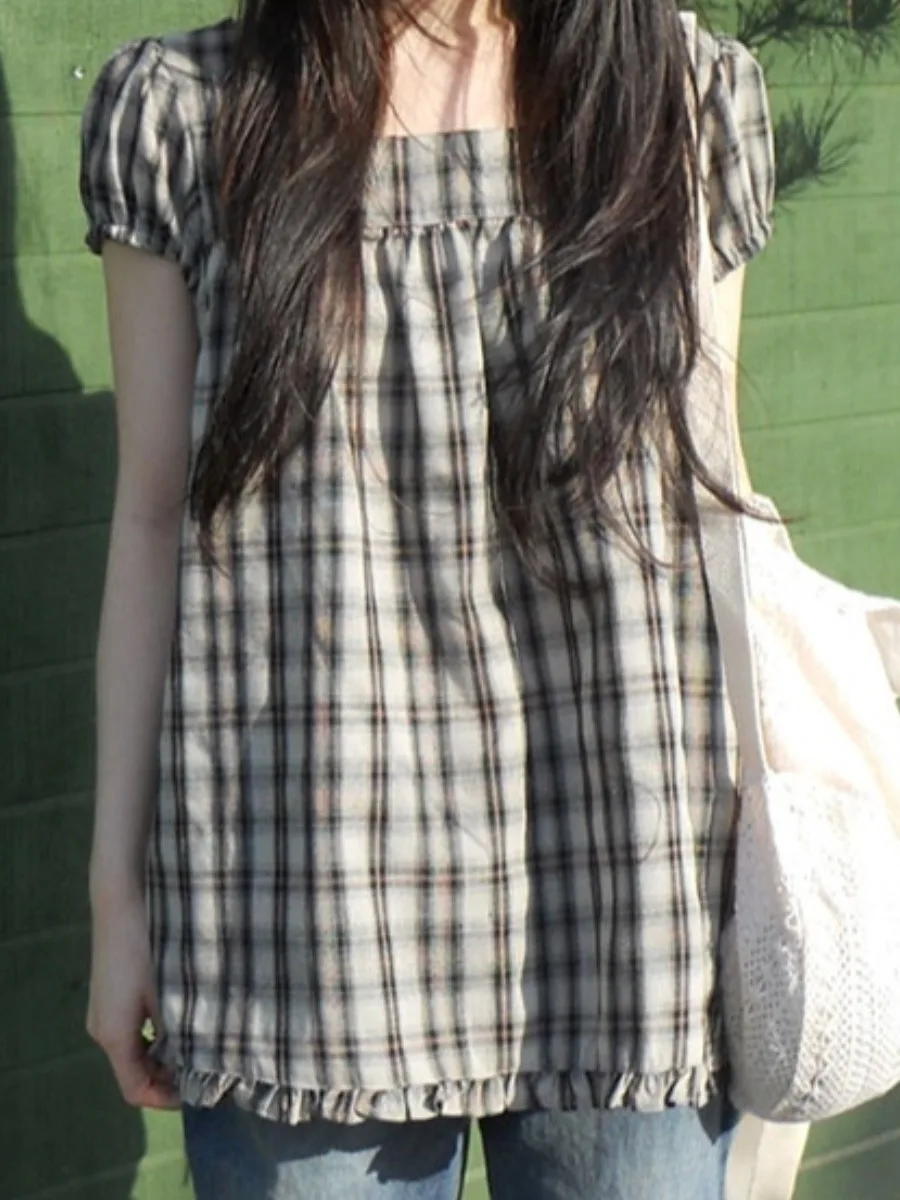

Korean Sle Summer Vintage Square Collar Plaid Loose Casual Bubble Sve irt Women's Top Commute Pattern ort Sve