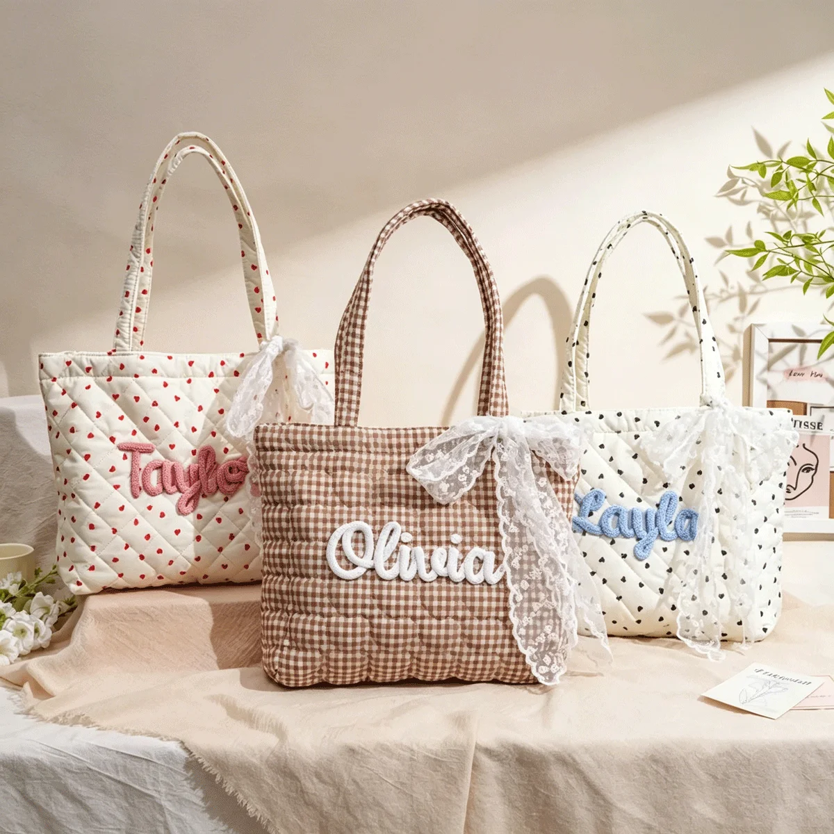 1 Personalized Quilted Heart-Shaped Handbag with Hand-Embroidered Letter and Lace Ribbon – Bridesmaid Gift or Gift for Her view 3