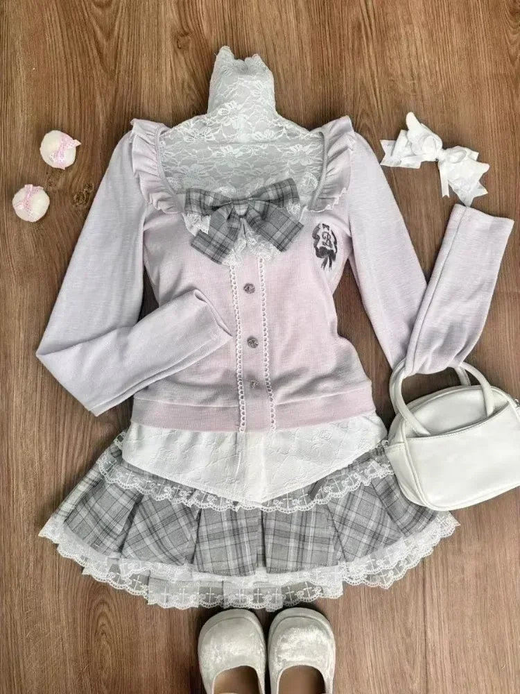 Woman Japanese Kawaii Preppy Style Skirt Sets Sweet Lace Patchwork Bow Tops Y2k Plaid Mini Skirts Female Elegant Lolita Outifits