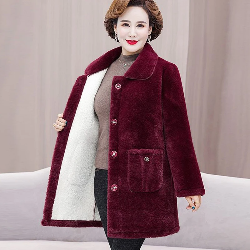 Fall/Winter Faux Mink Velvet Coat Women New Overcoat Fashion Loose Long Mom Casual Jacket Single-Breasted Warm Wool Outwear 6XL