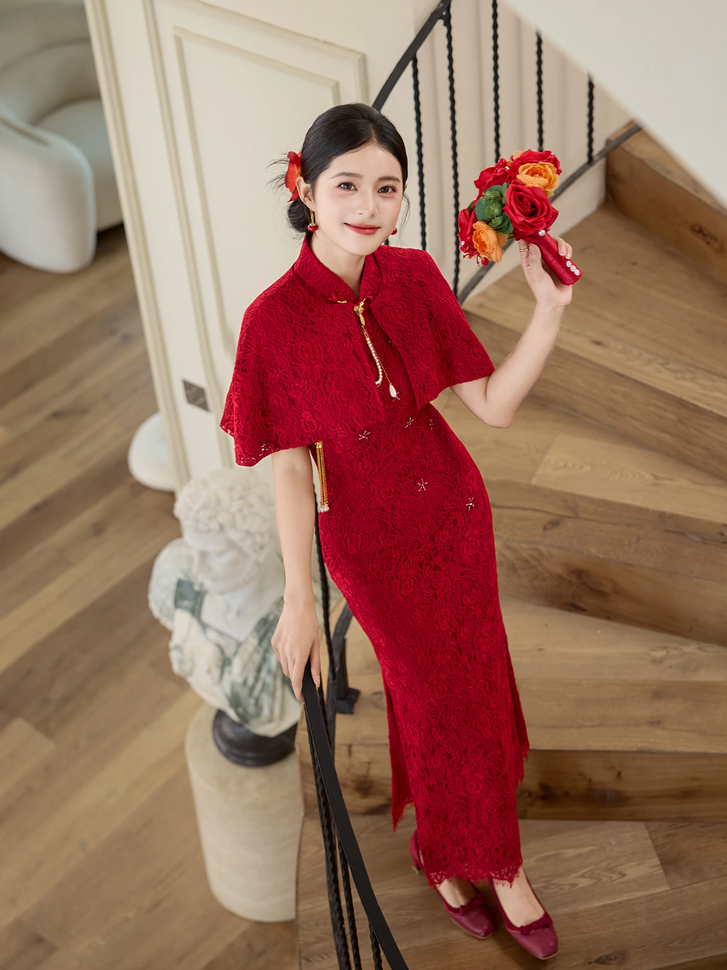 

Red New Chinese Sle Young Ele Engagement Dr Robe Set Vintage Long Qipao Low Slit Floral Pattern