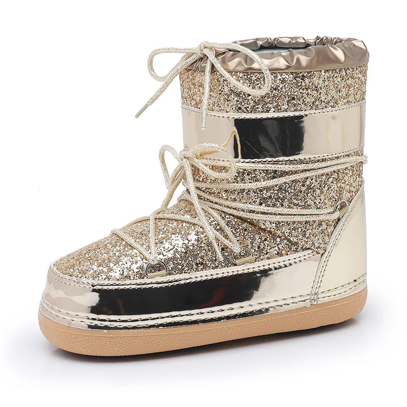 Winter Space Boots Thick Sole Sequins Ankle Boots Snow Boots Women Fashion Lace Up Ski Shoes