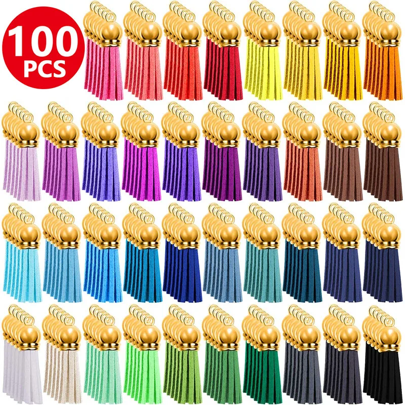 

10pcs/100pcs 36mm Leather Tassel Charms Gold Color Cap Earring Keychain Pendant Straps Suede Tassels Diy Jewelry Accessories