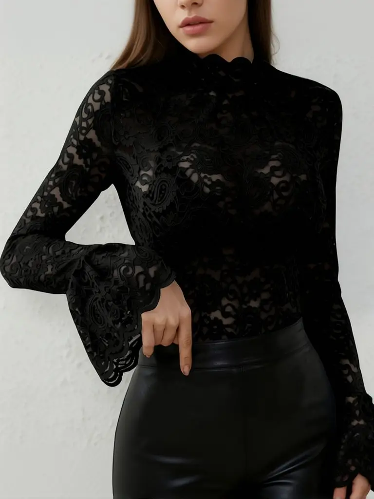 Hollow Out Long Flare Sleeve Sexy Lace Top Women Crochet Thick Laced Sheer T Shirt Soild Color Turtleneck Basic Tees Fall Spring