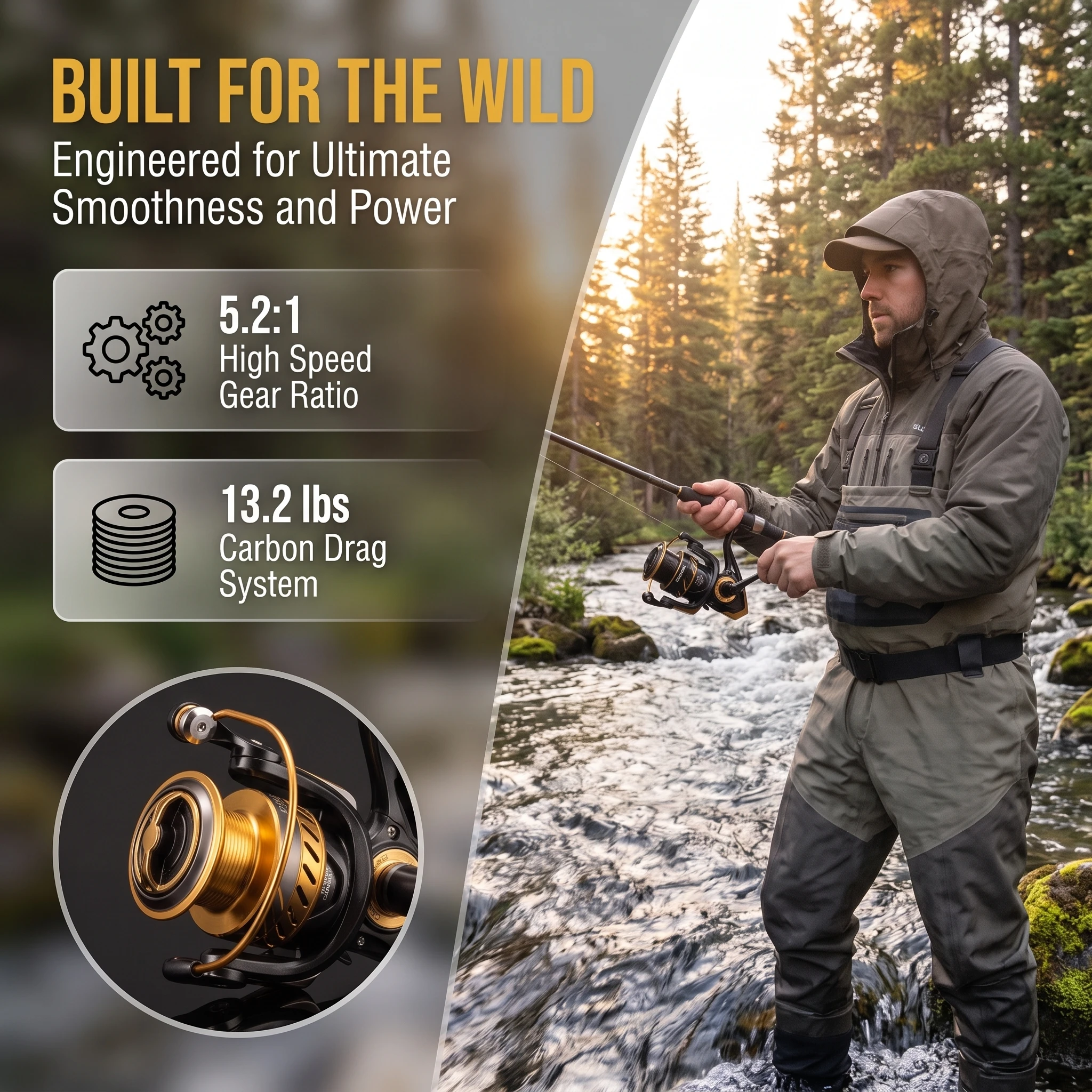Goture 3000 Spinning Fishing Reel Powerful Carbon Fiber Drag System CNC Spool 9+1BB 5.2:1 for Inshore Lake River Fishing Tackle