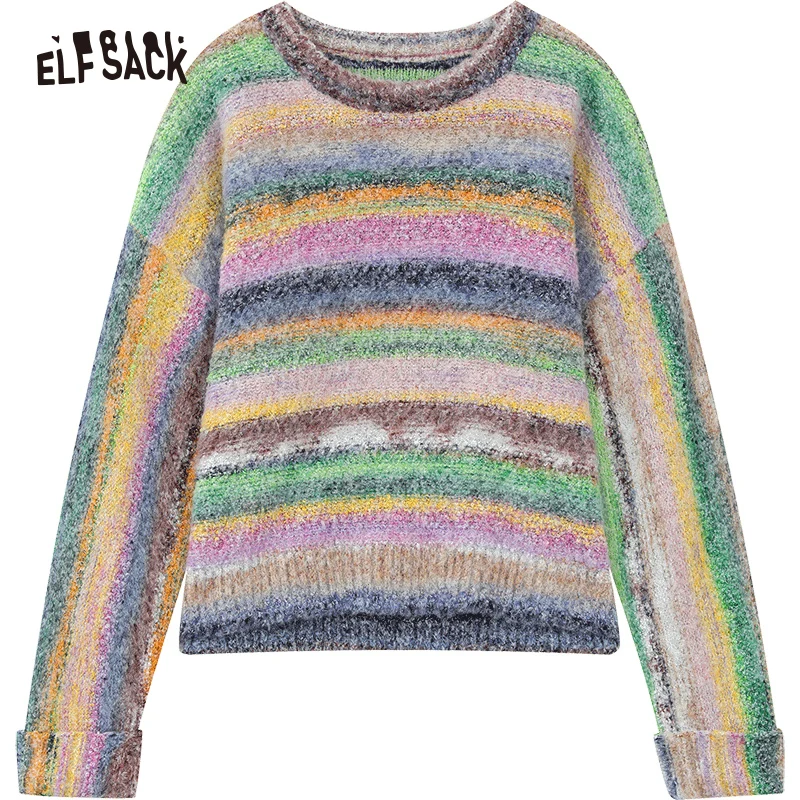 ELFSACK Kawaii Colorful Striped Pullover Sweaters Women 2023 Winter Plus Size Luxury Designer Tops