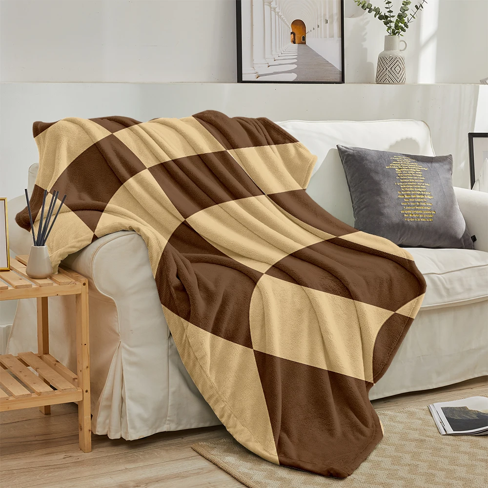 Brown Warped Checkerboard Lightweight Flannel Blanket Breathable Cozy Throw Blanket for Spring Summer Sofa Bed Air Conditioning